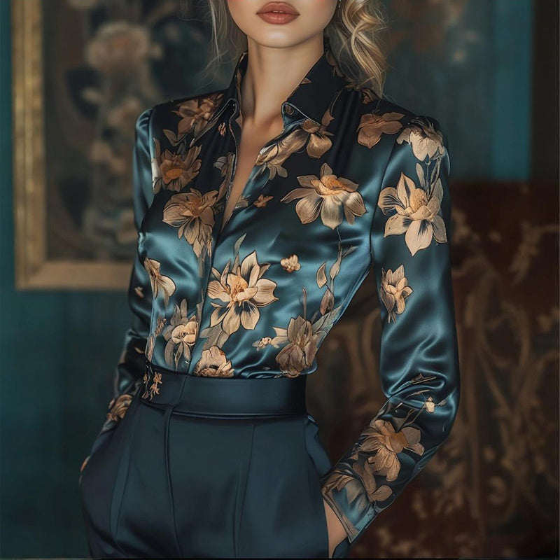 Women’s Elegant Satin Lapel Long Sleeve Shirt – Tapered Waist Design with Luxurious Sheen