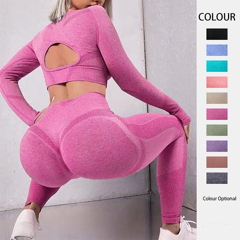 2pcs Sports Suits Long Sleeve Hollow Design Tops And Butt Lifting High Waist Seamless Fitness Leggings Sports Gym Sportswear Outfits Clothing - myetyn