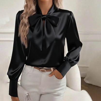 Women’s Elegant Satin Bow Blouse – Long Sleeve Casual Shirt for Spring & Fall