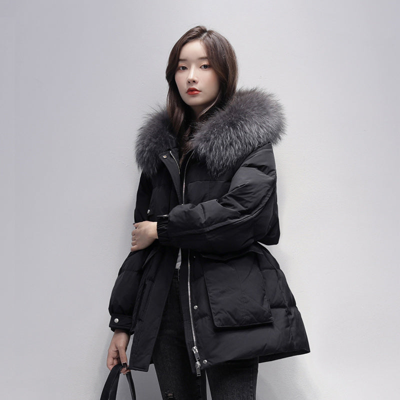 Down Jacket Women's Mid-length Raccoon Fur Collar Pie Overcomes White Duck Down