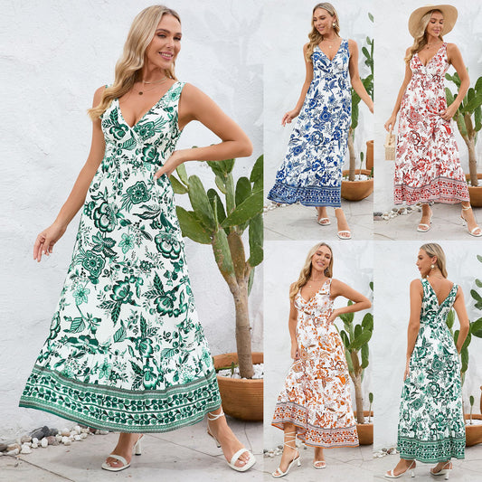 Fashion Floral Print V-neck Dress Summer Sexy Slim Fit Sleeveless Long Dress - myETYN