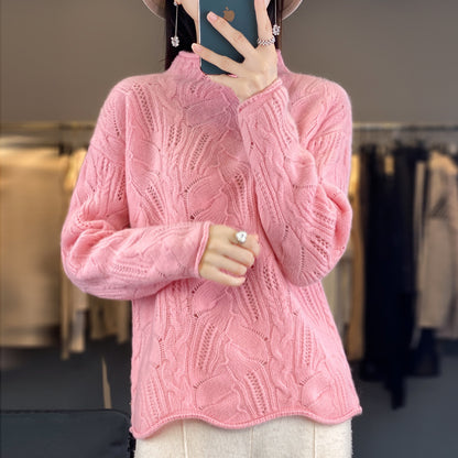 Women’s Half High Collar Wool Pullover Sweater – Autumn &amp; Winter Hollow Knit Design