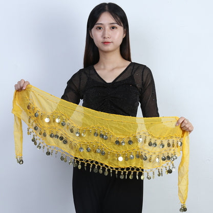 98 Coins Belly Dance Waist Chain Chiffon Three-layer Gold Coin Belt Indian Dance Exercise And Performance Hip Scarf Scarf