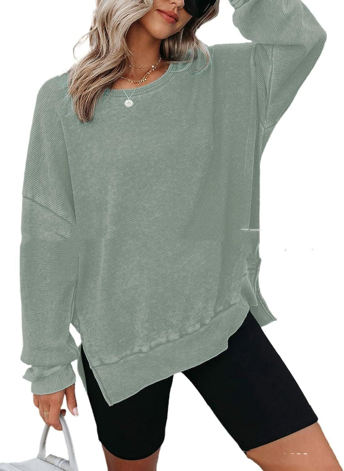 Round Neck Long Sleeve Side Slit Waffle Sweater