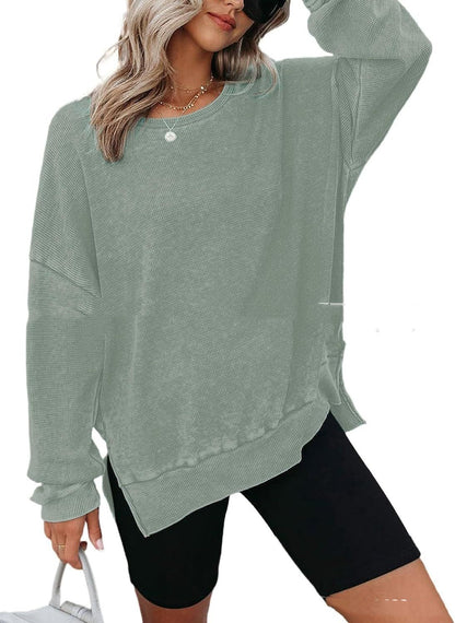 Round Neck Long Sleeve Side Slit Waffle Sweater
