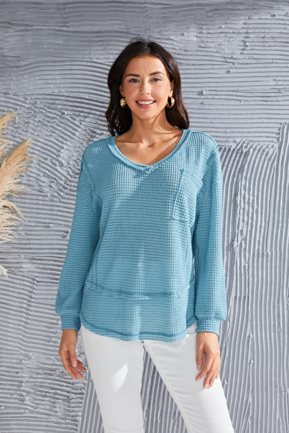 Waffle-Knit V-Neck Blouse with Breast Pocket - myETYN