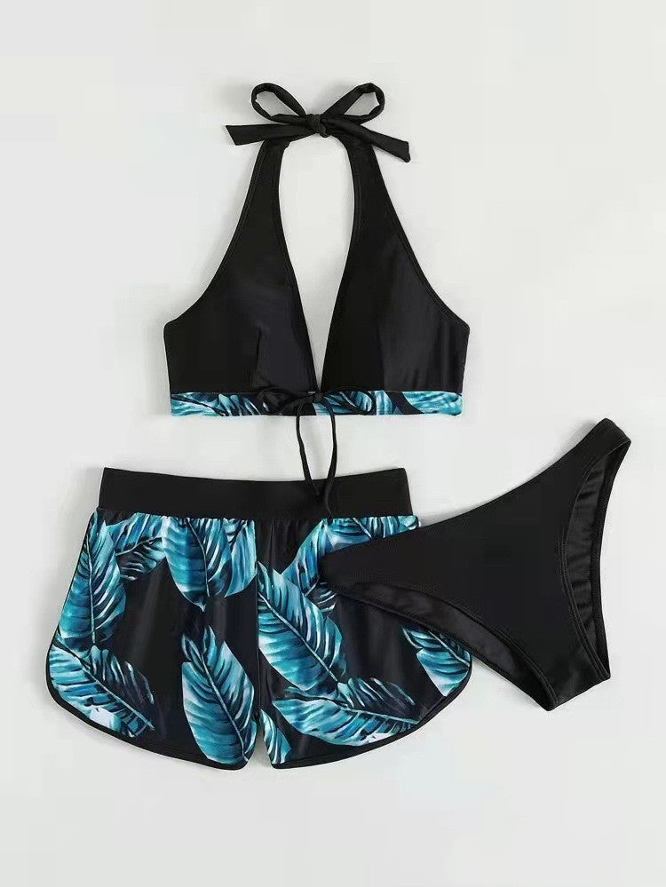 Women's 3-Piece Leaf Print Bikini Set with Shorts - Summer Beachwear