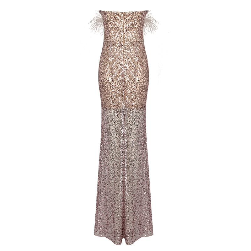 Feather Beaded Sequined Cutout Mesh Strapless Dress