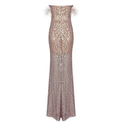 Feather Beaded Sequined Cutout Mesh Strapless Dress