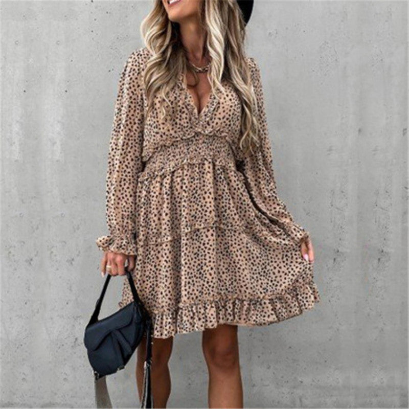 Long Sleeve Elastic Waist Ruffle Print Dress