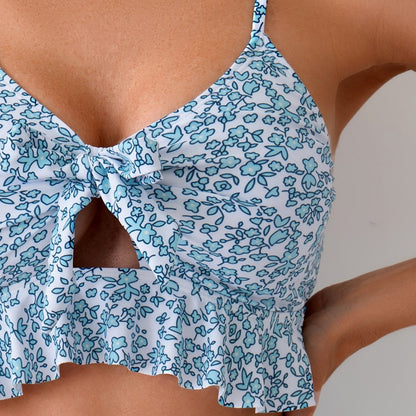 Floral Bow Ruffled Spaghetti Straps Briefs Split Bikini Three-piece Set