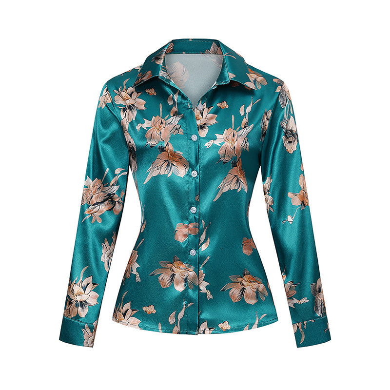 Women’s Elegant Satin Lapel Long Sleeve Shirt – Tapered Waist Design with Luxurious Sheen