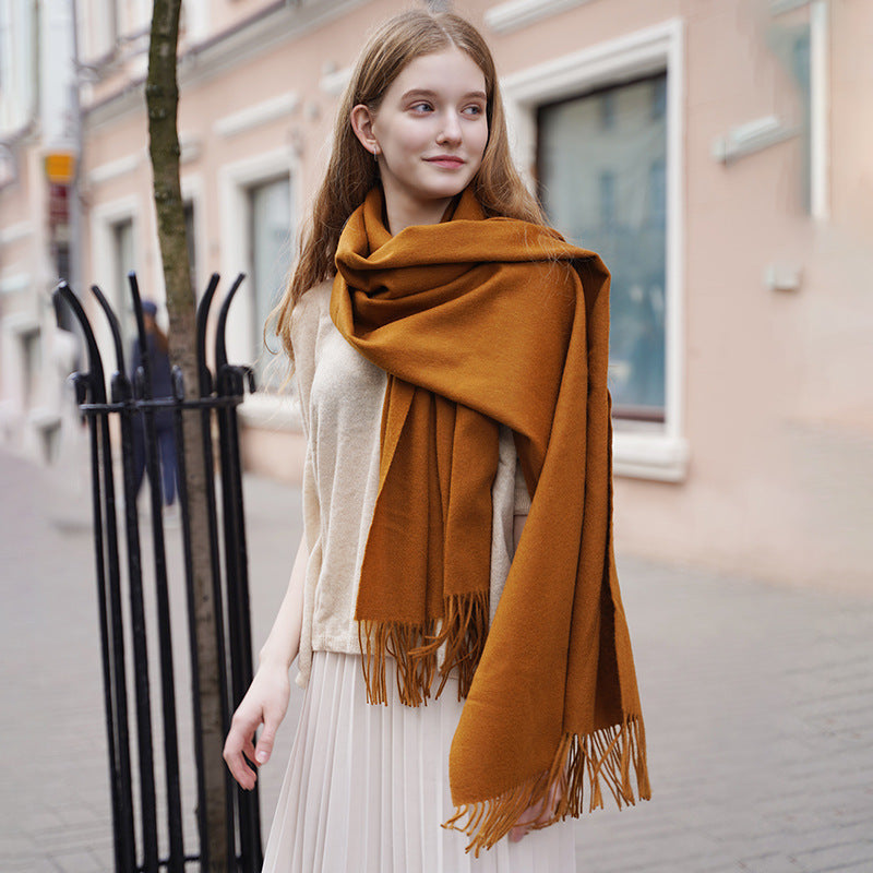 Women’s Solid Color Wool Tassel Scarf – Thick, Warm, Elegant Accessory