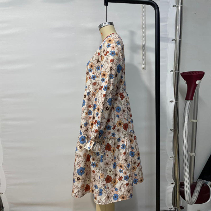 Women's Floral Print Boho Dress – Round Neck, Smocked Cuff, Midi Length