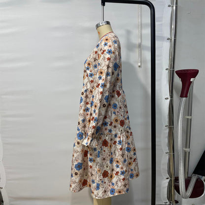 Women's Floral Print Boho Dress – Round Neck, Smocked Cuff, Midi Length