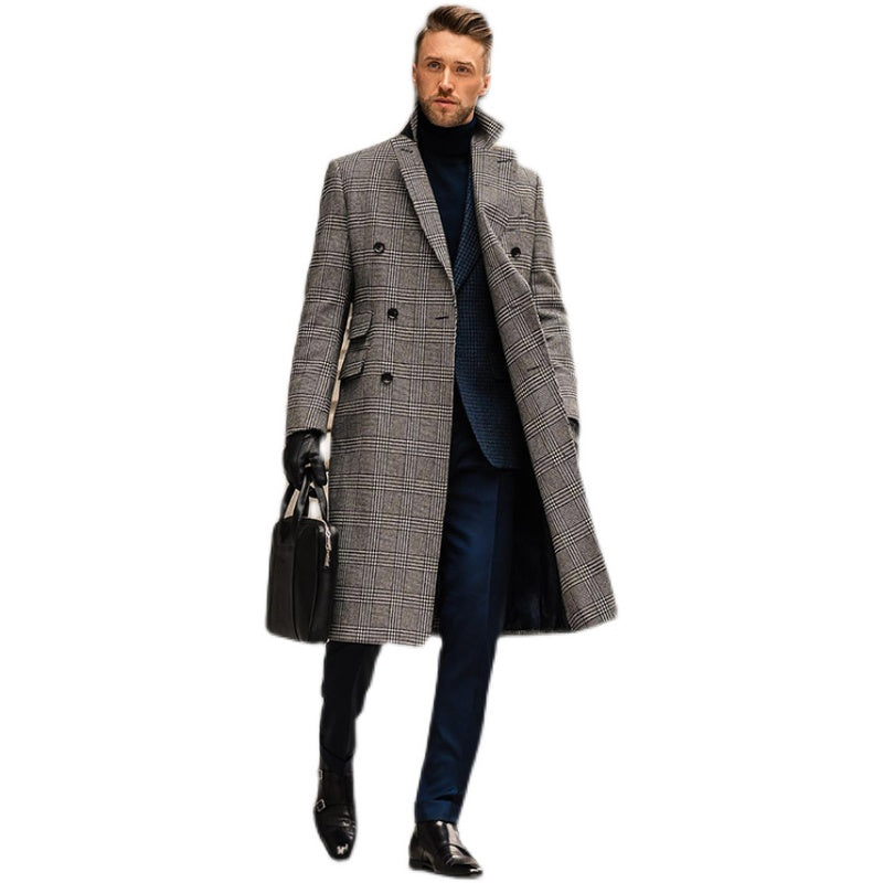 Full Wool Suit Collar Medium Length Double Breasted Checked Overcoat - myETYN