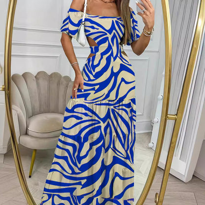 Women's Summer Vacation Dress - Printed One-Shoulder Short-Sleeve Long Dress with Hollow Waist Design