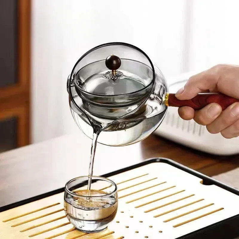 Semi-automatic Rotary Heat-resistant Glass Teapot Lazy Tea Making With Infuser And Wooden Handle Office Home Accessories Kitchen Gadgets - myETYN