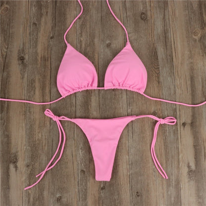 2pcs Halterneck Lace - up Bikini Women Summer Solid Color Sexy Split Strap Adjustable Swimsuit Suit - myetyn