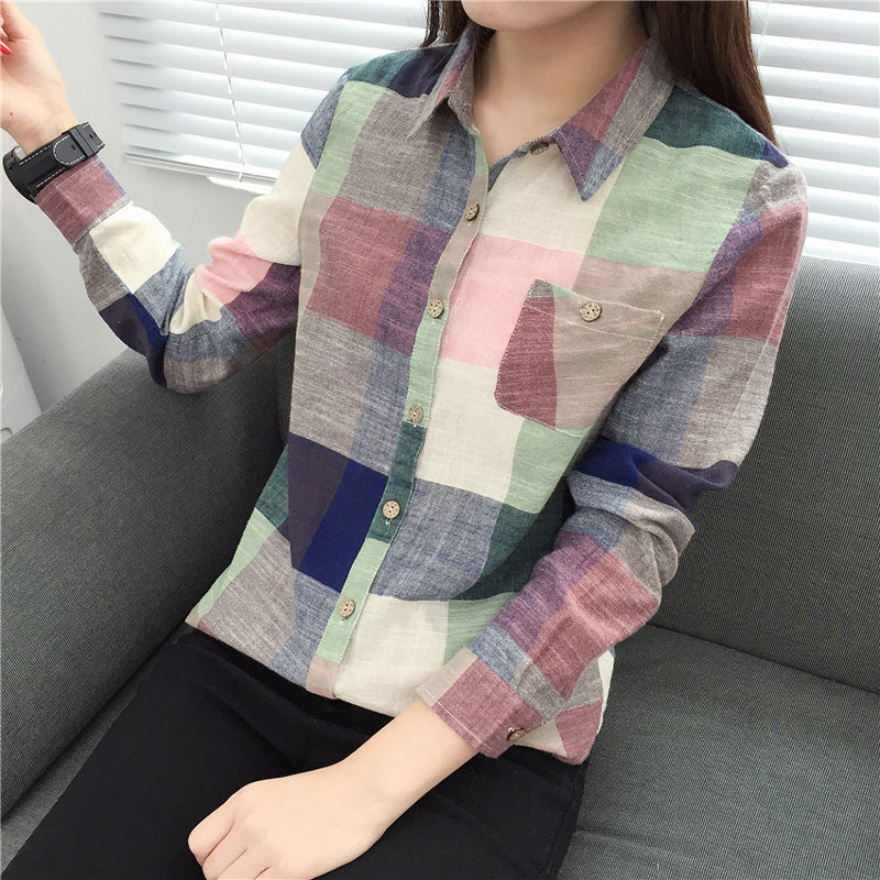 Casual Plaid Women Blouses Kimono Vintage Linen Cotton Long Sleeve Blouse Female Shirts Tops