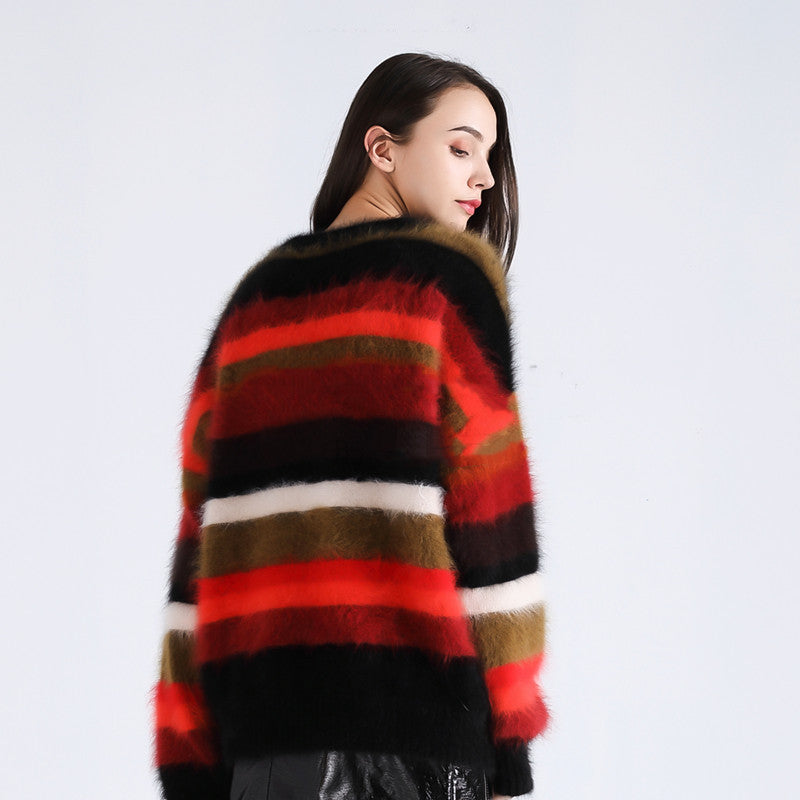 Round Neck Loose Color-Block Sweater with Scarf