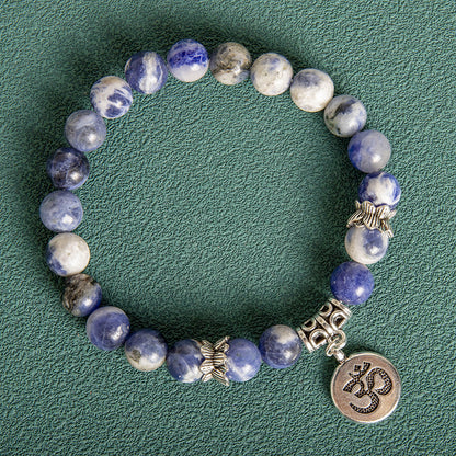 Men's 8MM Indian Agate Blue Grain Stone Lotus Letter Beaded Bracelet