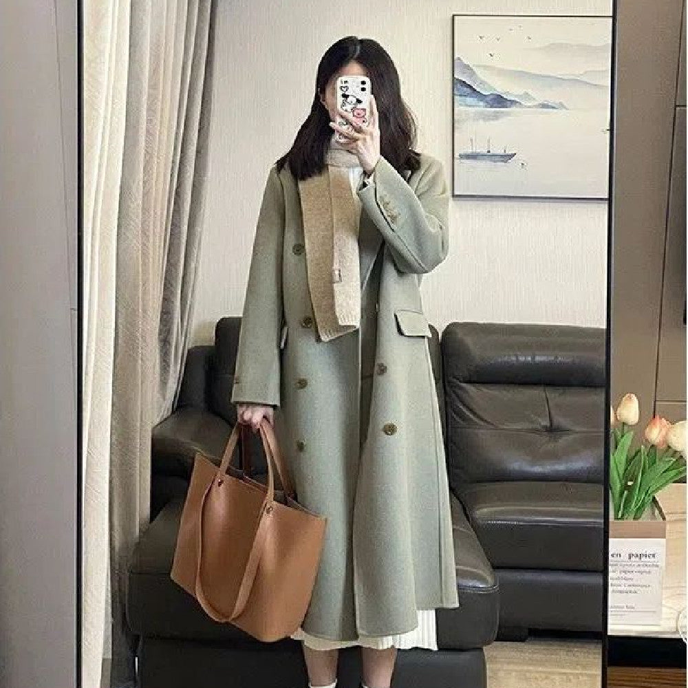 Socialite Style Matcha Green Woolen Coat For Women