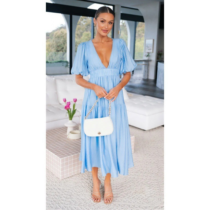 V-neck Waist-tight Mid-length Dress