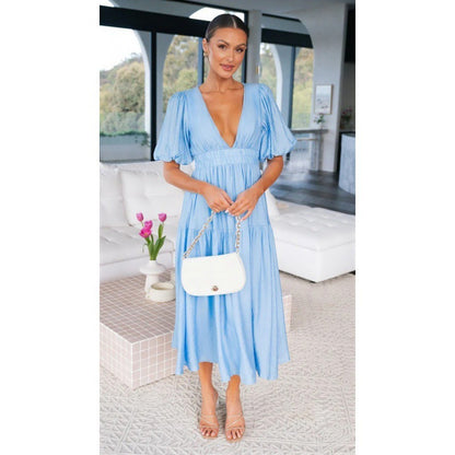 V-neck Waist-tight Mid-length Dress