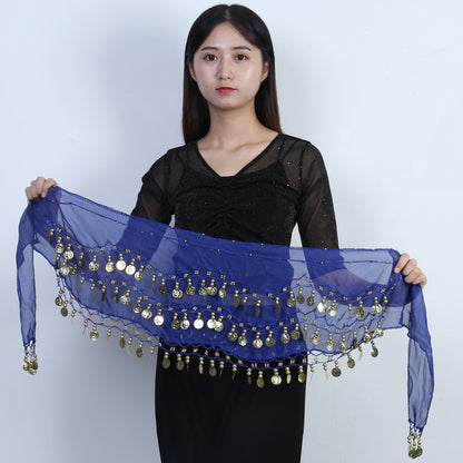 98 Coins Belly Dance Waist Chain Chiffon Three-layer Gold Coin Belt Indian Dance Exercise And Performance Hip Scarf Scarf