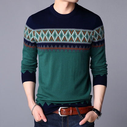 Men Knitted Pullover Round Neck Color Block Wool Top - myETYN