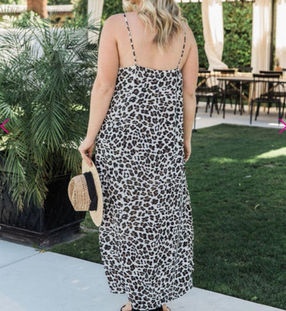 Printed Leopard Strap Long Slit Dress