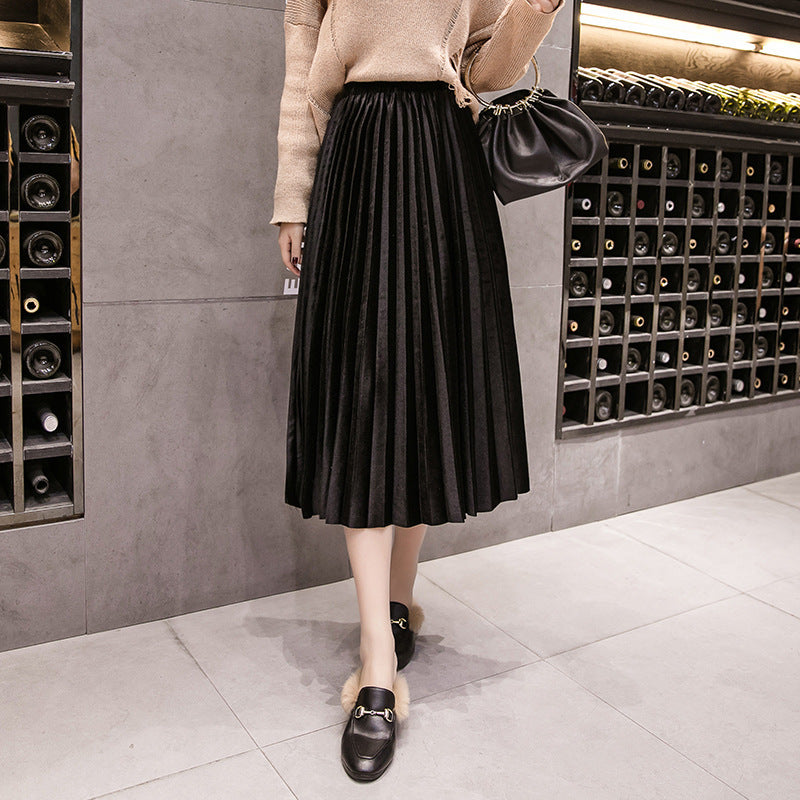 Pleated skirt mid-length a-line skirt