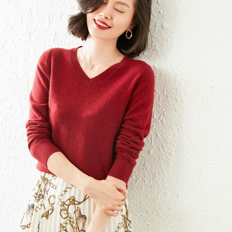 Women’s V-Neck Cashmere Sweater – Solid Color, All-Match Style