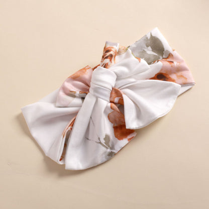 Ins Popular Baby Flounced Sleeve Suit Printed Top Blouse And Pants Headscarf Three-piece Suit