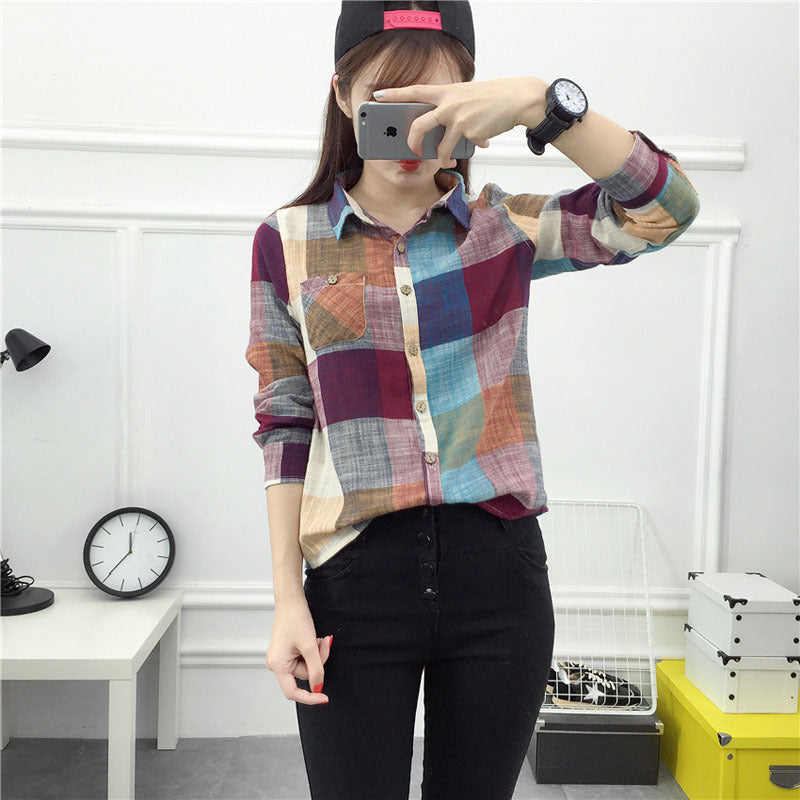 Casual Plaid Women Blouses Kimono Vintage Linen Cotton Long Sleeve Blouse Female Shirts Tops