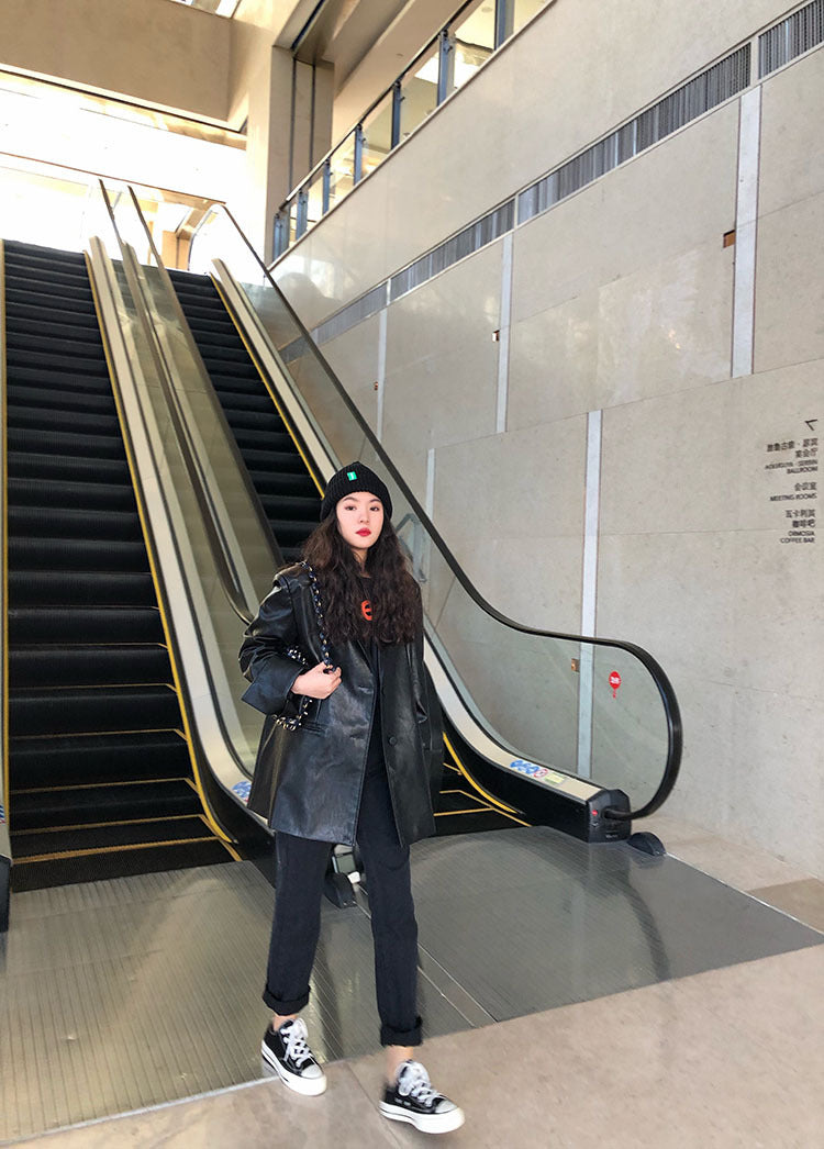 Web Celebrity Autumn Winter Women’s PU Leather Coat