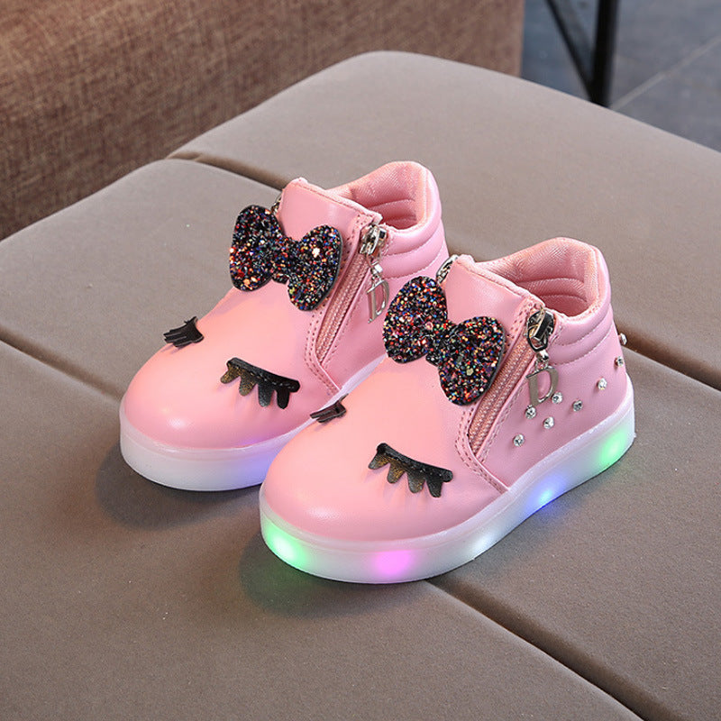 Fashion Rhinestone Lights Children's Shoes Cartoon Bow