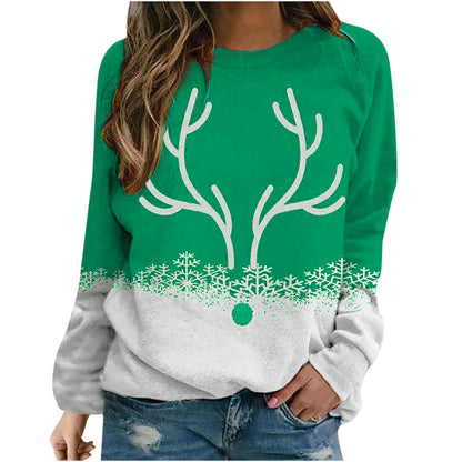 Snowflake Christmas Deer Printed Round Neck Street Pullover Sweater - myETYN