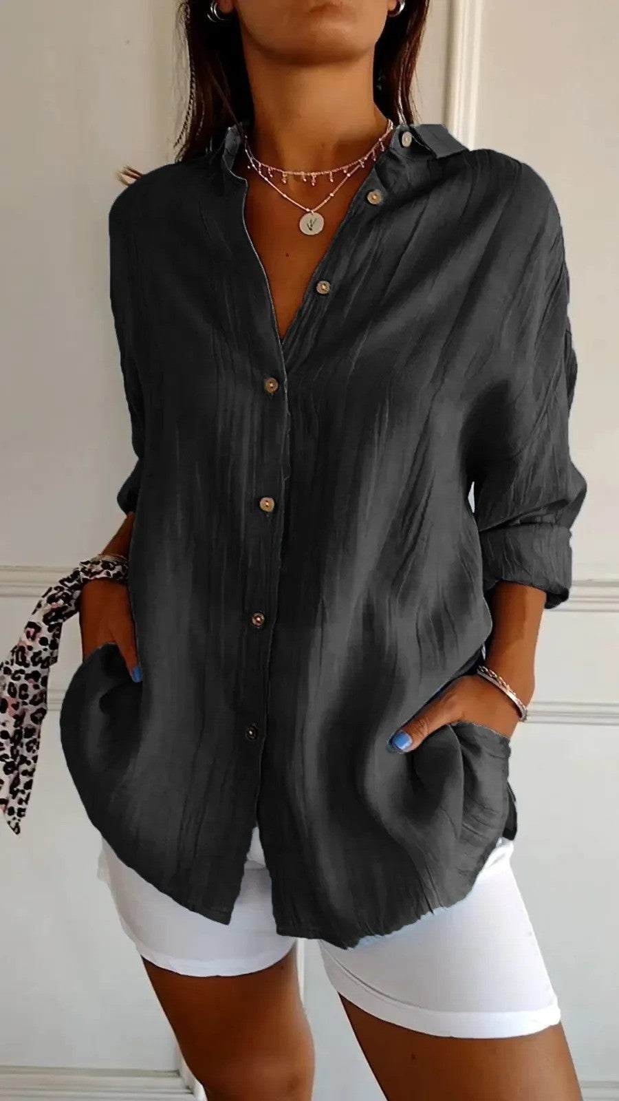 Popular Spring And Summer New Women's Loose Open Button Shirt Solid Color Top