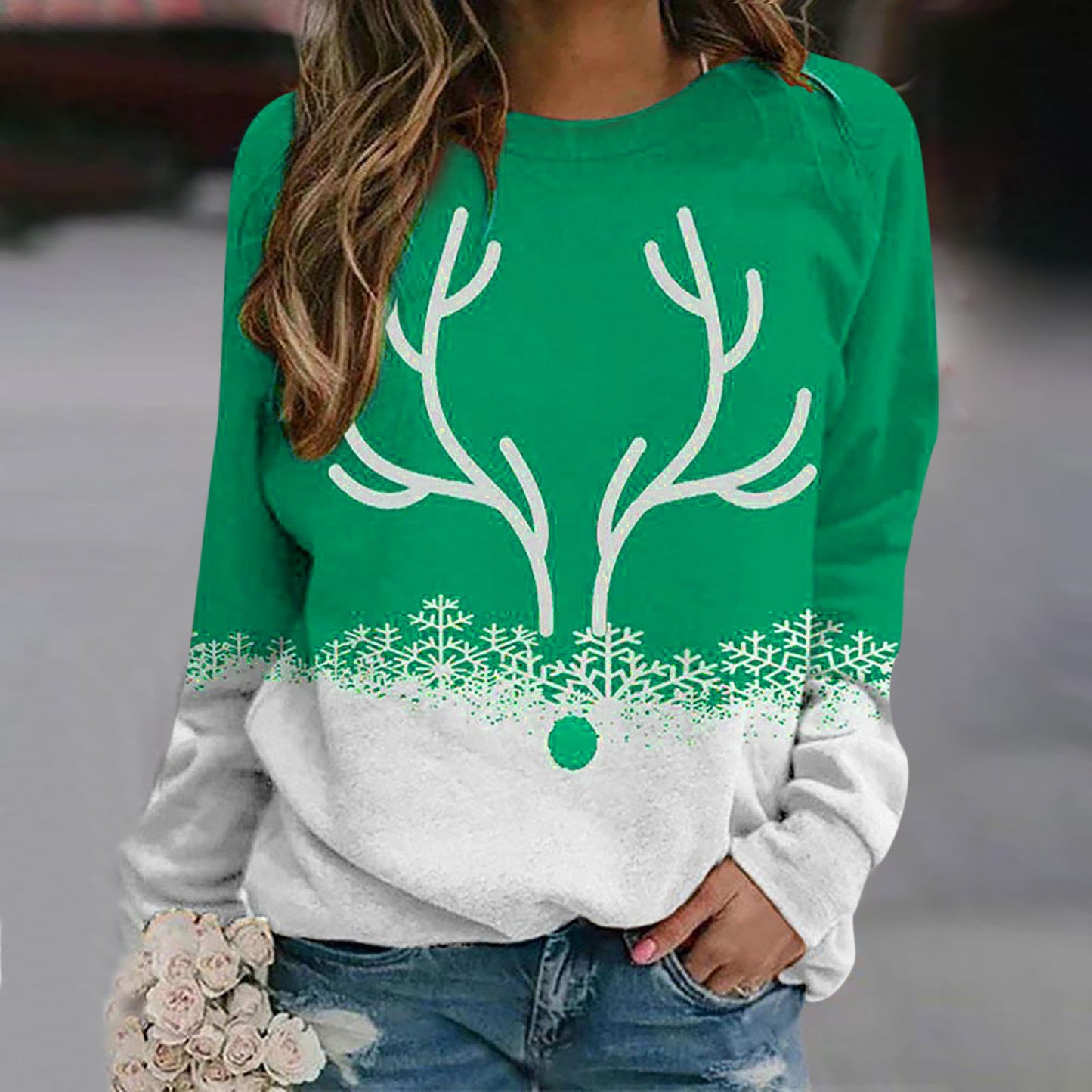 Snowflake Christmas Deer Printed Round Neck Street Pullover Sweater - myETYN