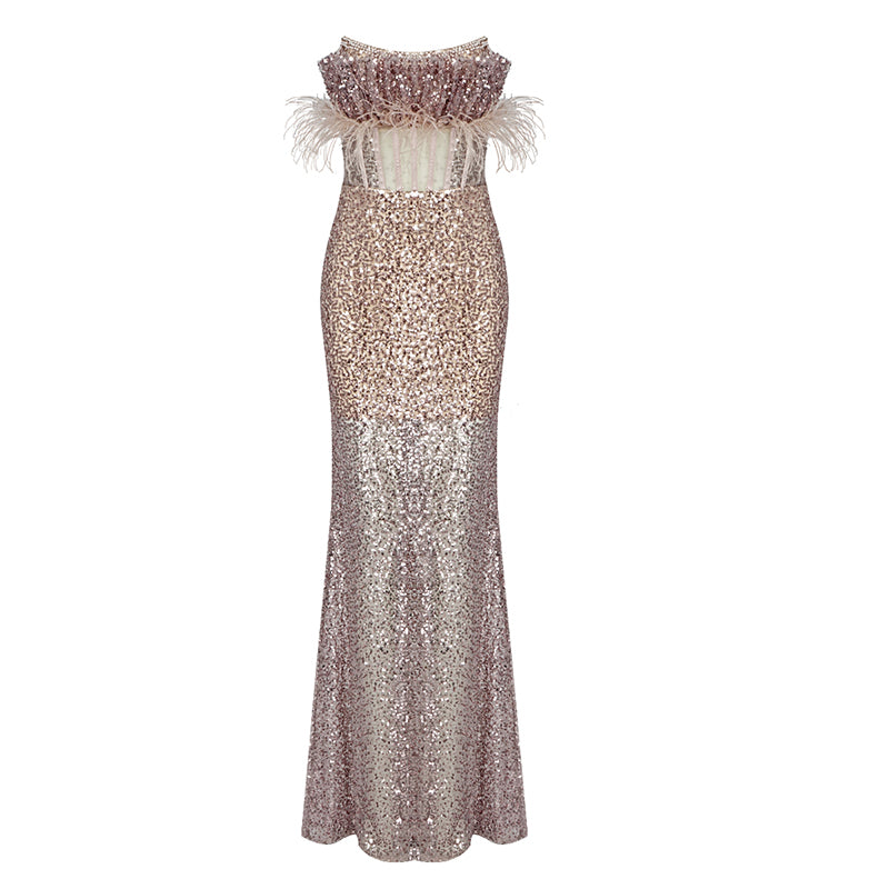 Feather Beaded Sequined Cutout Mesh Strapless Dress