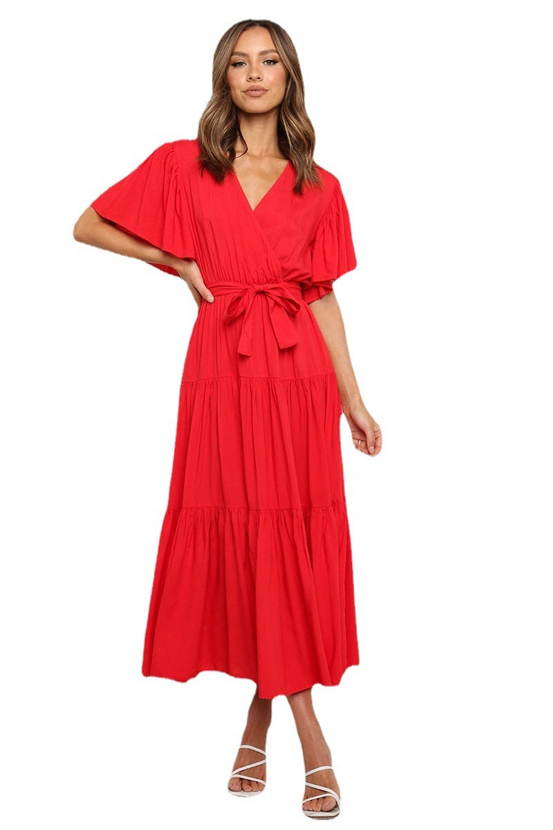 V-neck Commuter Printed Short Sleeve Waist-controlled Dress