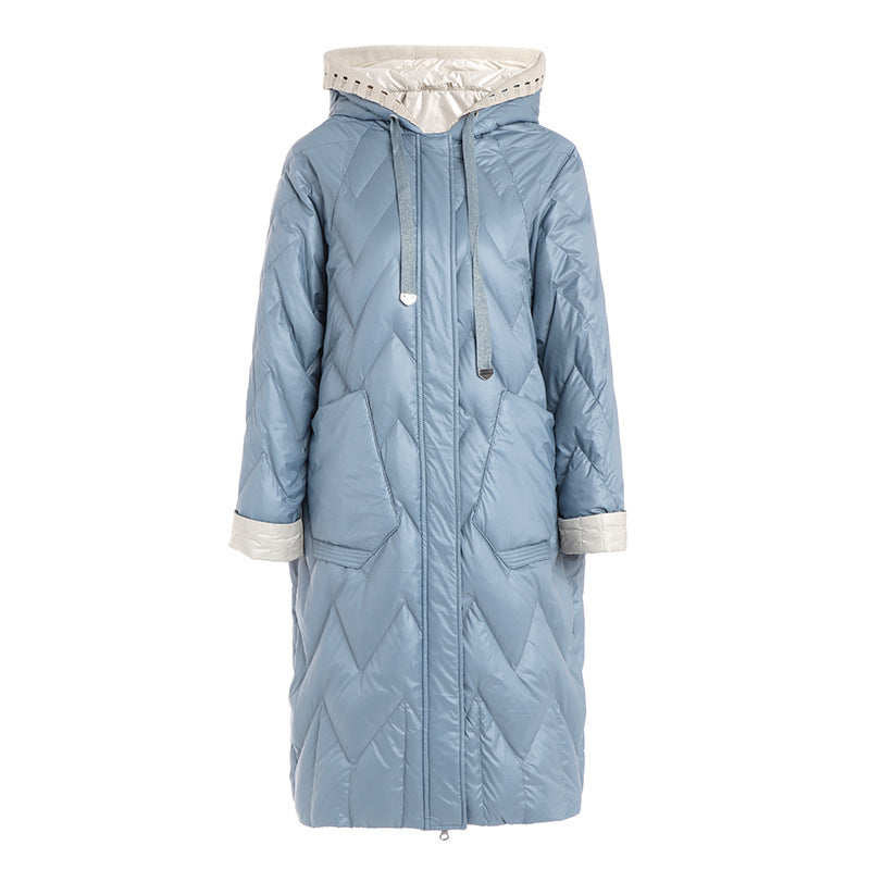 Women’s Patchwork Straight Down Jacket – Hooded Long Winter Coat