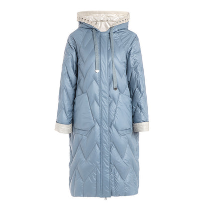 Women’s Patchwork Straight Down Jacket – Hooded Long Winter Coat