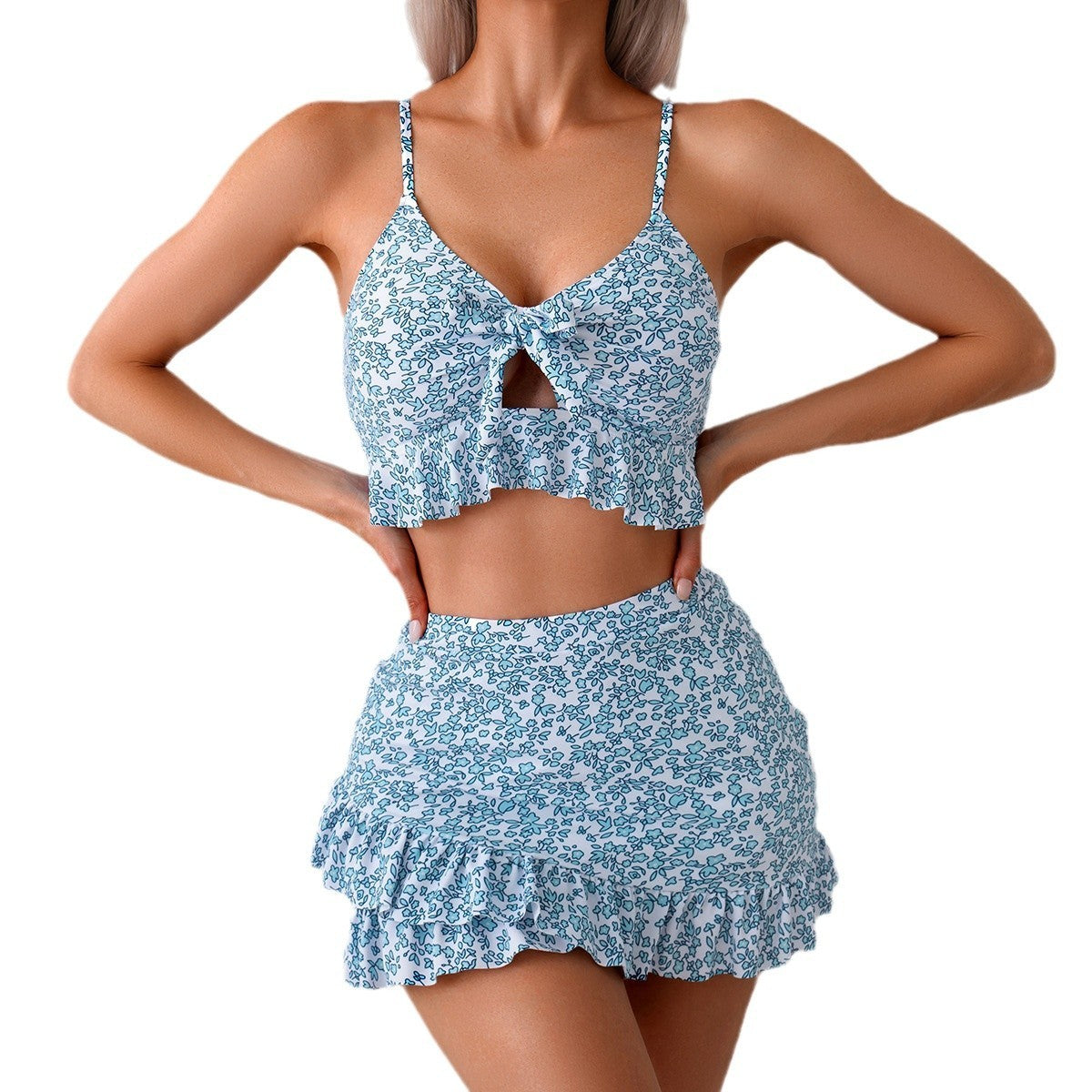 Floral Bow Ruffled Spaghetti Straps Briefs Split Bikini Three-piece Set