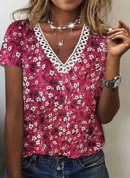 Women's V-neck Lace Casual Top Short Sleeve Printed Stitching T-shirt