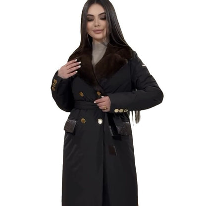 Fashion Solid Color Polo Collar Lace Up Waist Long Cotton Jacket Women