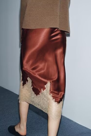 Women Clothing Top Product Casual Contrast Color Lace Trim Silk Satin Textured Skirt