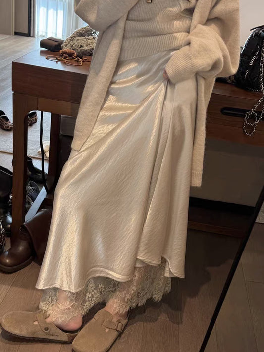 Satin Acetate Lace Patchwork Slit Skirt Long Skirt